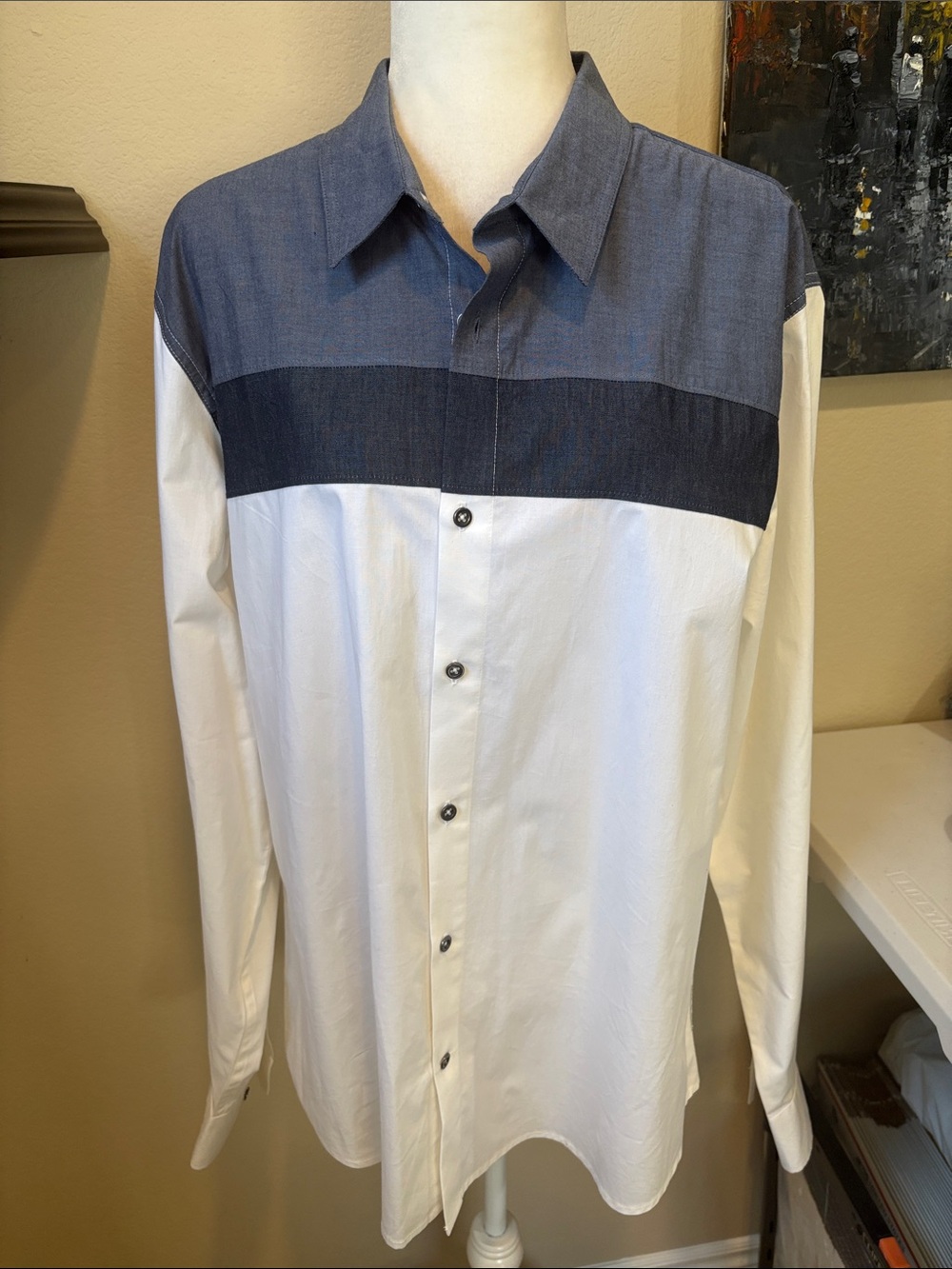 G by Guess White Shirt with Light and Dark Blue Yoke-Size XL